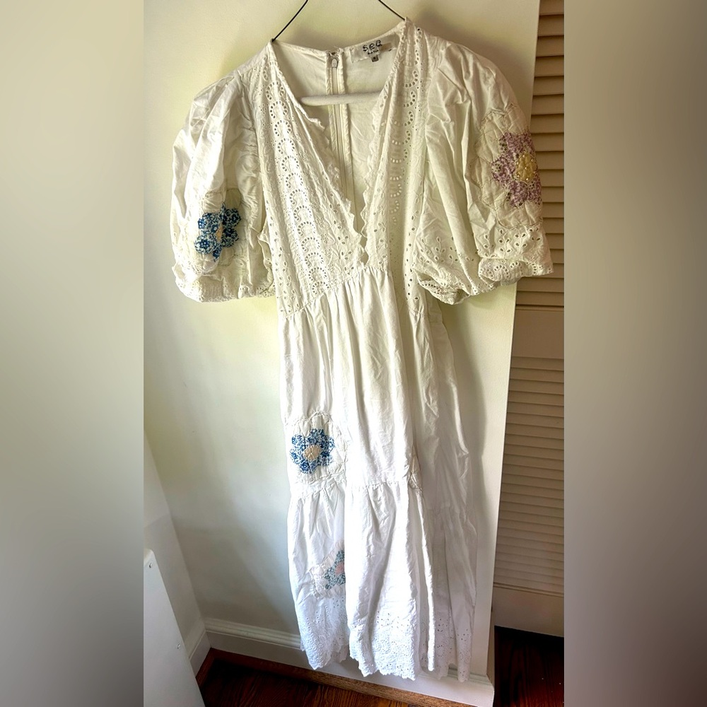 Sea New York Violetta Floral Patch White Eyelet Puff Sleeve Midi Dress L